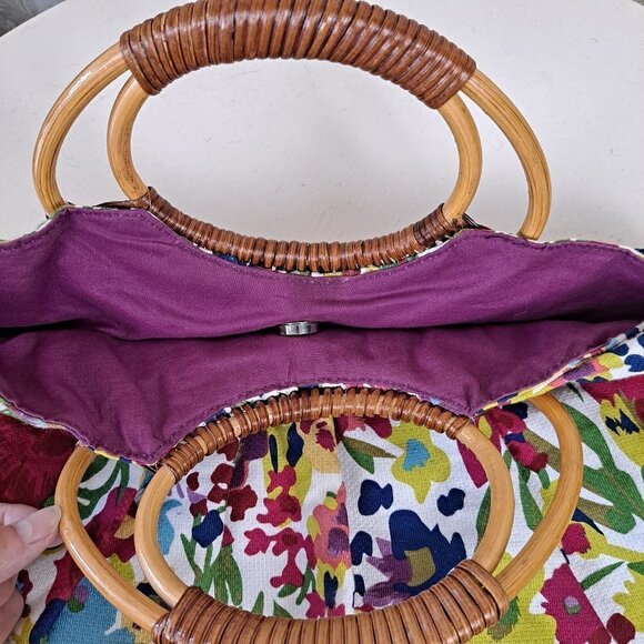 Bamboo Double Rattan Wrapped Handled Colorful Floral Print Round Cotton Bag - Picture 6 of 12